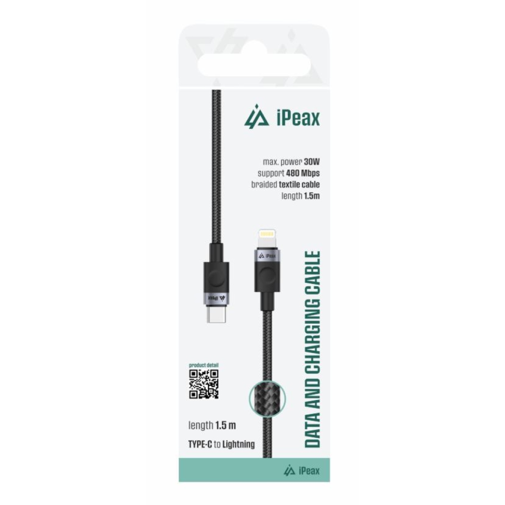 iPEAX Textil kábel USB-C / villám 1,5 m, USB 2.0 - fekete