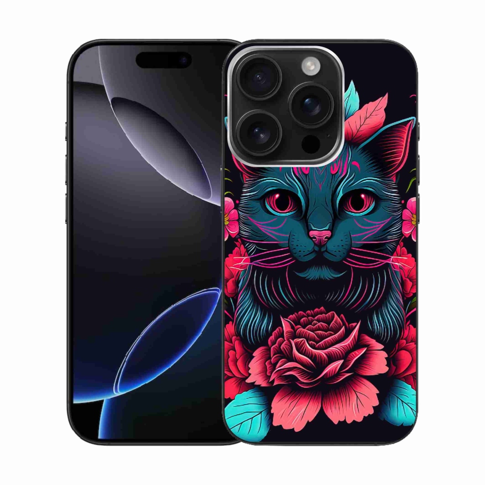Gél borítás mmCase iPhone 16 Pro készülékhez - virágok és macska
