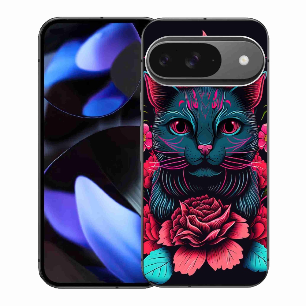 Gél borítás mmCase a Google Pixel 9/9 Pro számára - virágok és macska