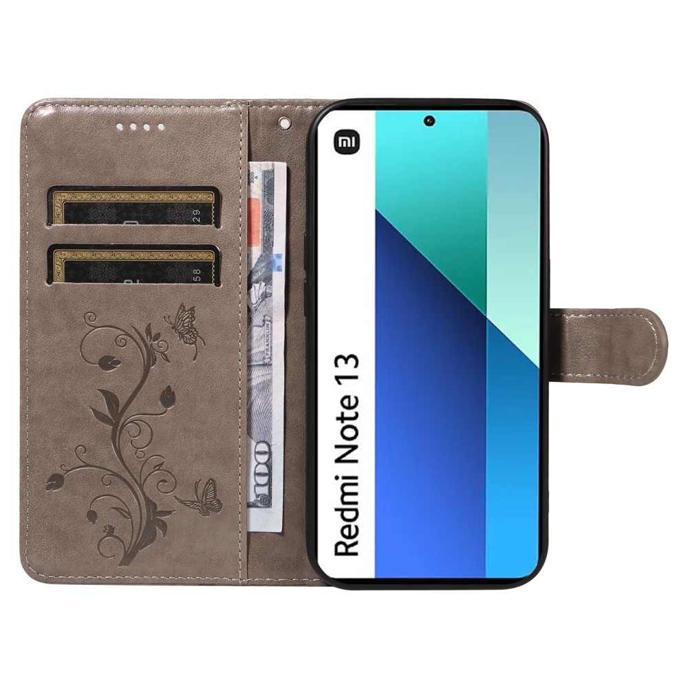 Virágos könyv tok Xiaomi Redmi Note 13-hoz - szürke