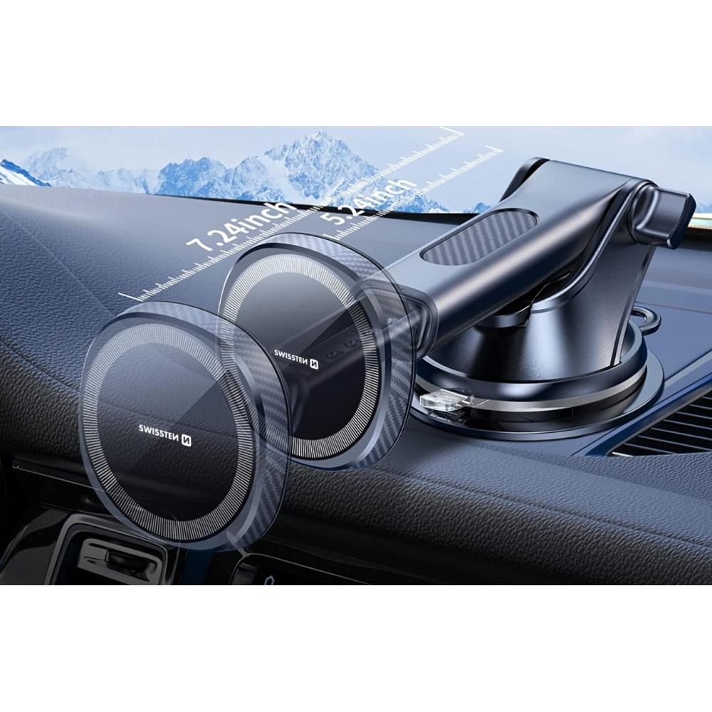 Swissten mágneses műszerfali tartó 15W-os vezeték nélküli töltéssel és MagSafe-rel