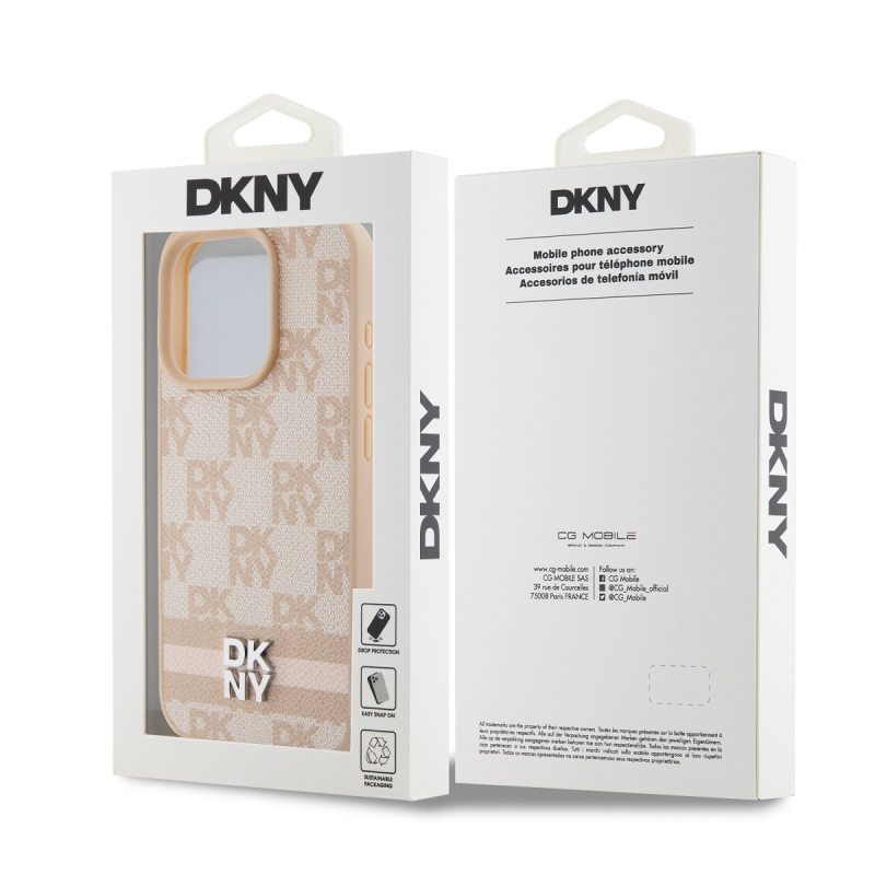 DKNY PU bőr kockás mintás és csíkos hátlapi borító iPhone 13 Pro Max rózsaszínhez