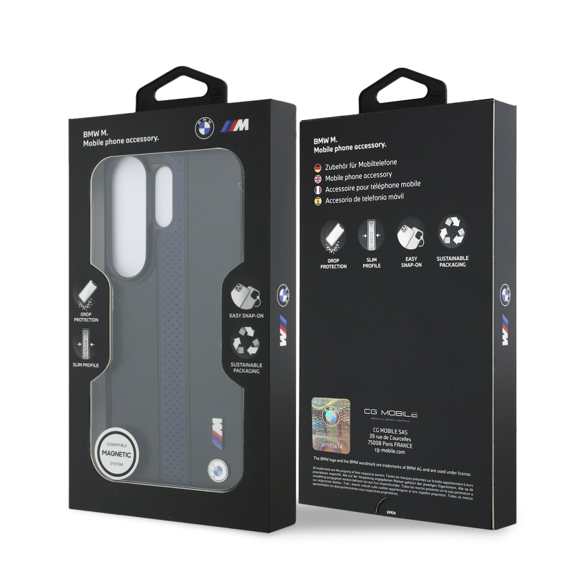 BMW M PU bőr perforált csíkok és fém logó mágneses hátlap Samsung Galaxy S26 Ultra Blue számára