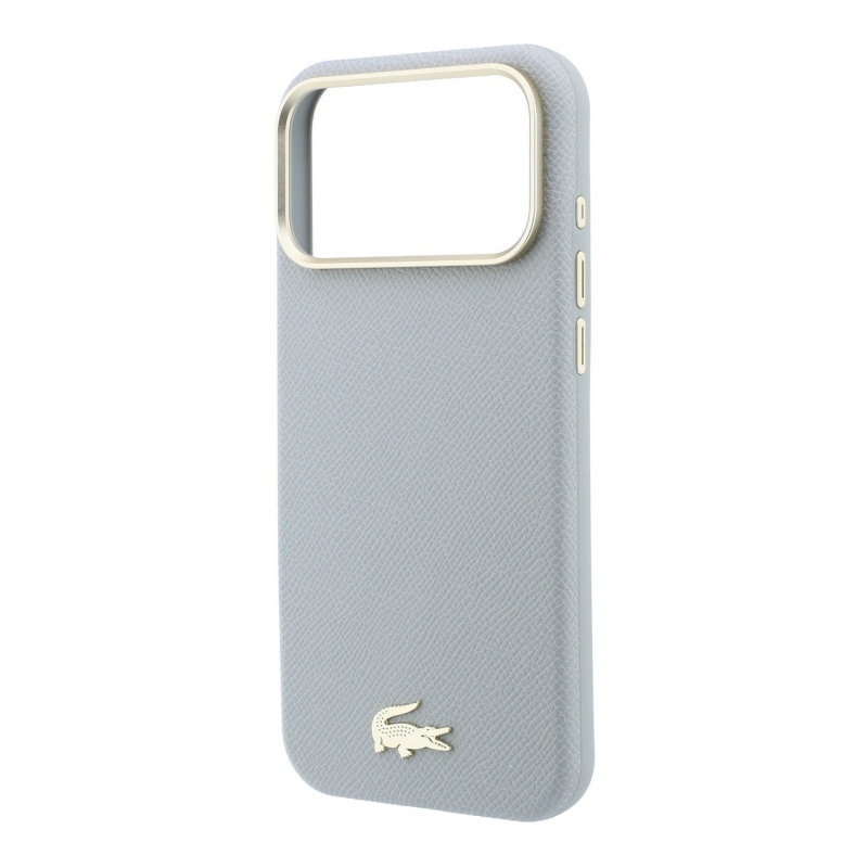 Lacoste PU bőr Champs-Élysées arany logós MagSafe hátsó tok iPhone 18 Pro-hoz, világosszürke