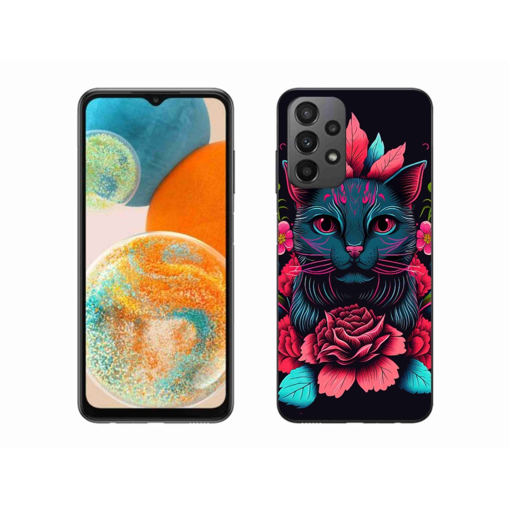 Gél borítás mmCase Samsung Galaxy A23 4G/5G - virágok és macska