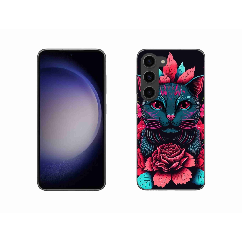 Gél borítás mmCase Samsung Galaxy S23 5G - virágok és macska