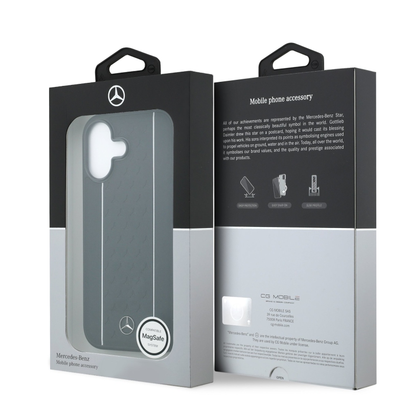 Mercedes Bőr csillagmintás és csíkos MagSafe hátlap iPhone 17 fekete/fehér színű iPhone 17-hez