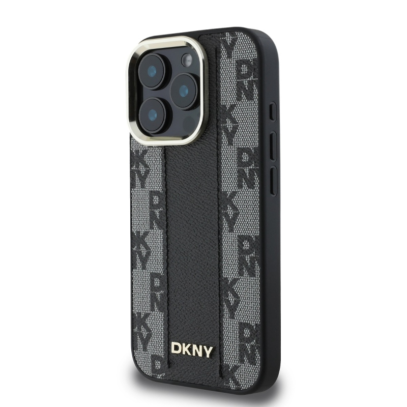 DKNY PU bőr kockás mintás Magsafe hátlap iPhone 16 Pro Max-hoz Fekete