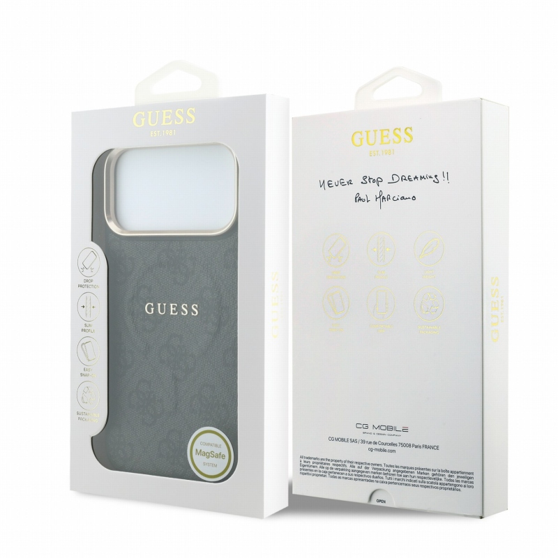 Guess PU bőr 4G aranykeretes, dombornyomott MagSafe hátsó tok iPhone 18 Pro-hoz, fekete