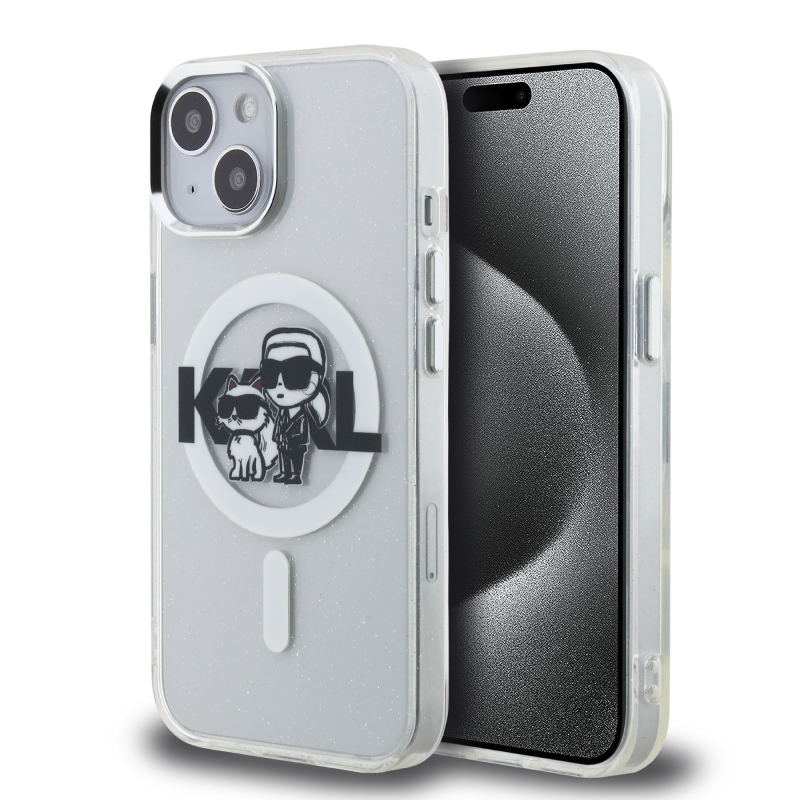 Karl Lagerfeld IML Glitter Karl és Choupette Sketch MagSafe hátlap iPhone 15-hez Átlátszó