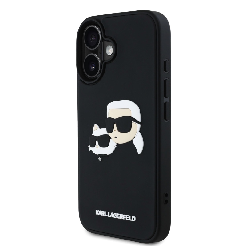 Karl Lagerfeld 3D gumiból készült duplafejű hátlap iPhone 16-hoz Fekete