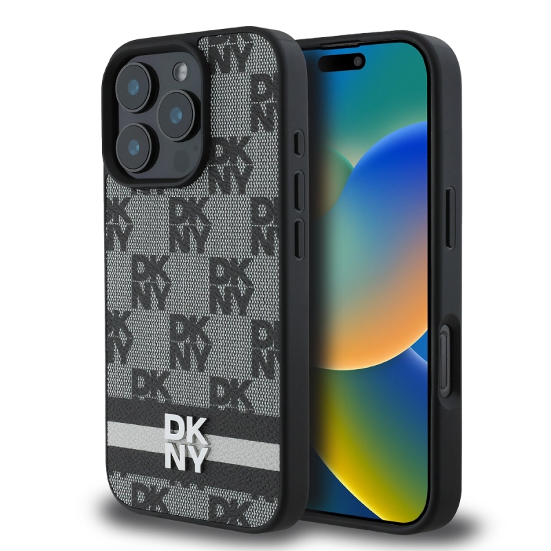 DKNY PU bőr kockás mintás és csíkos hátlapi borító iPhone 16 Pro-hoz Fekete