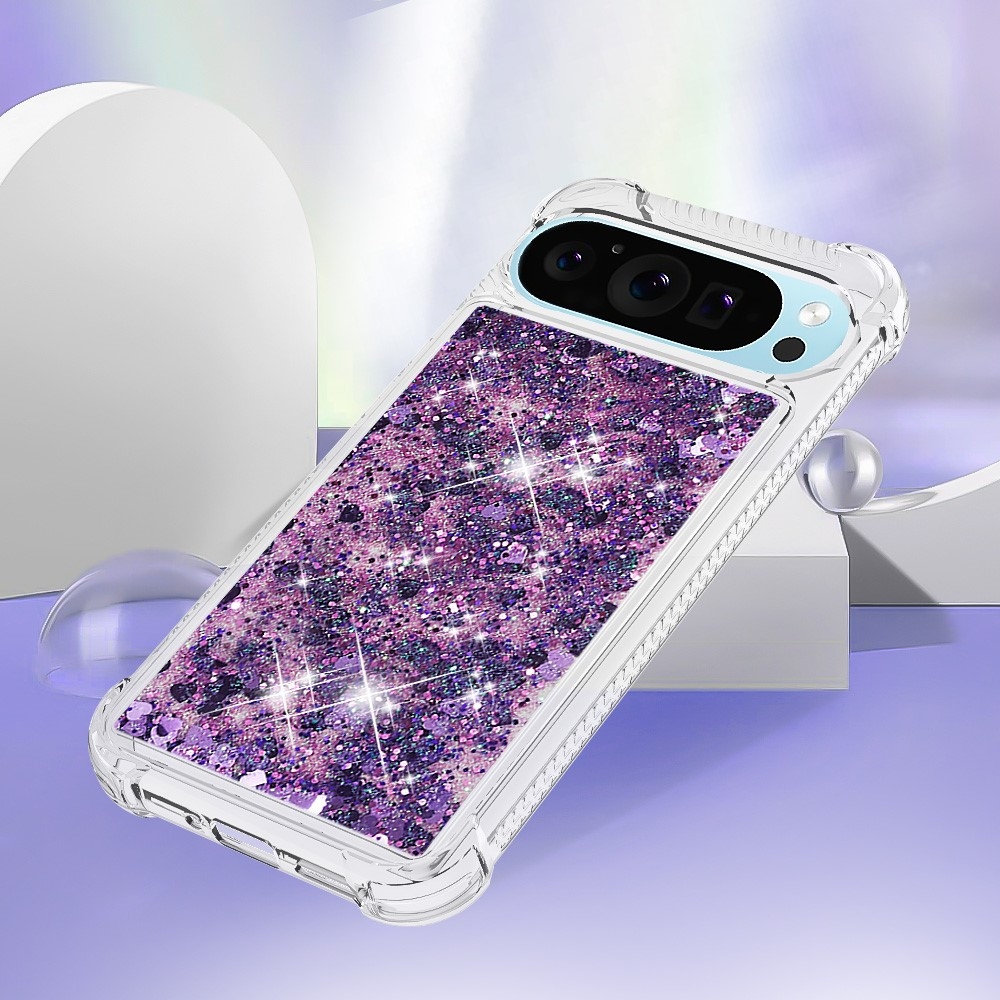 Csillogó homokóra zselés tok Google Pixel 10 Pro XL-hez - sötétlila/szív