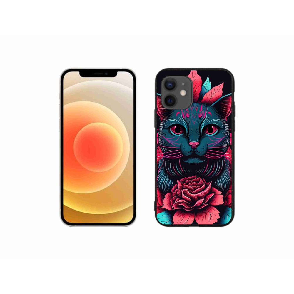 Gél borítás mmCase iPhone 12 mini készülékhez - virágok és macska