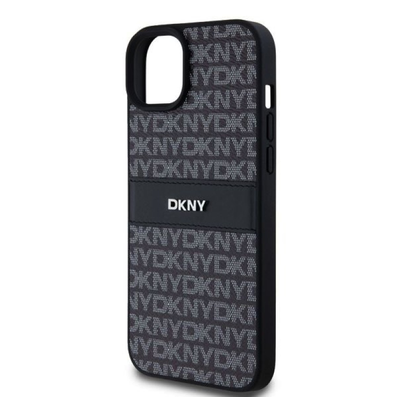 DKNY PU bőr ismétlődő mintás tonális csíkos hátlap iPhone 15 Plus-hoz Fekete