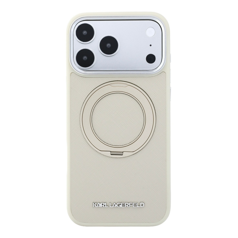Karl Lagerfeld PU Saffiano gyűrűs állványos MagSafe hátsó tok iPhone 18 Pro-hoz, bézs színben