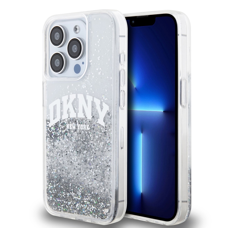 DKNY Liquid Glitter Arch Logo hátlap iPhone 15 Pro-hoz Átlátszó