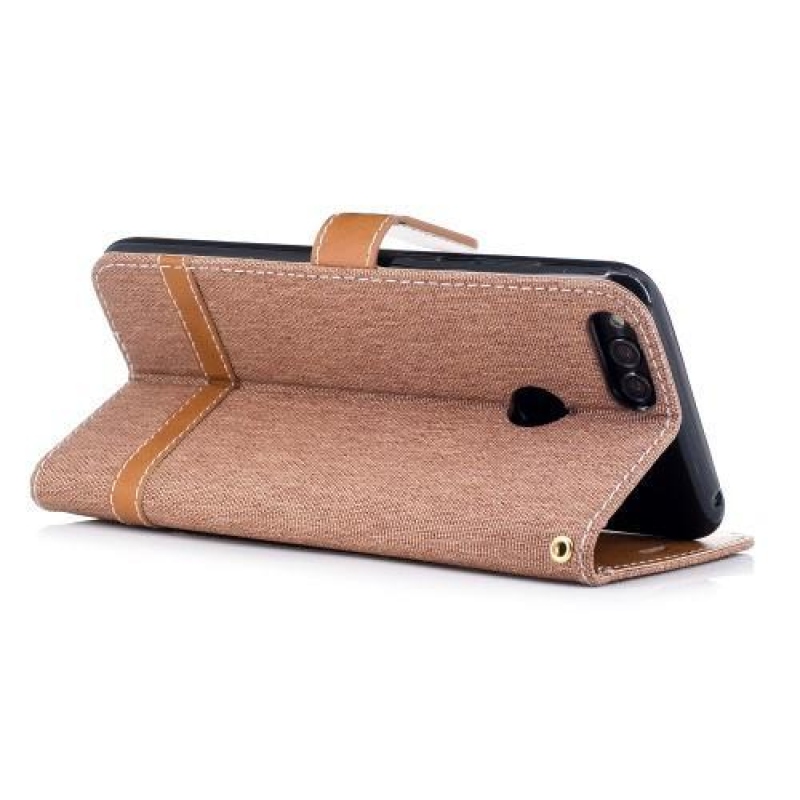 Jeans PU bőr / textil tok a Honor 7X-hez - bézs színű