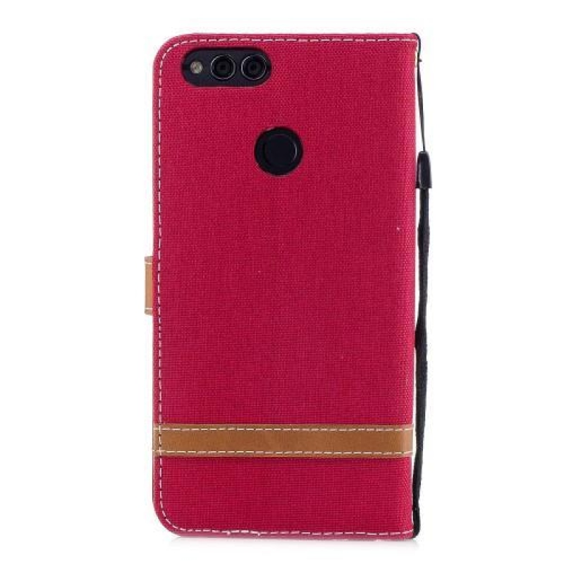 Jeans PU bőr / textil tok a Honor 7X-hez - piros színű