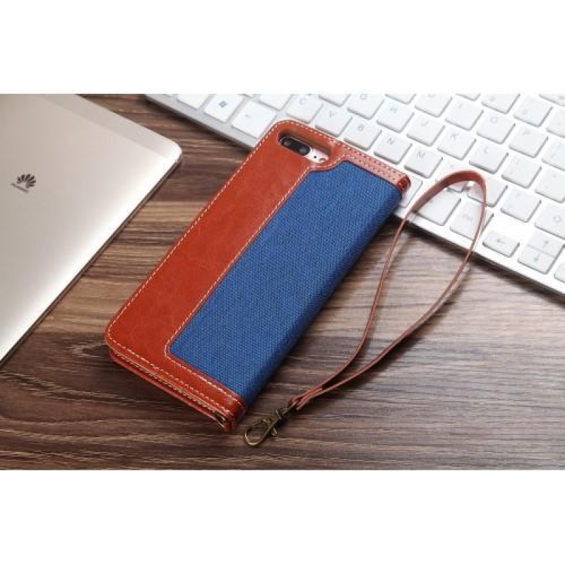 Jeany textil/PU bőr tok iPhone 8 Plus és 7 Plus készülékhez - kék/barna