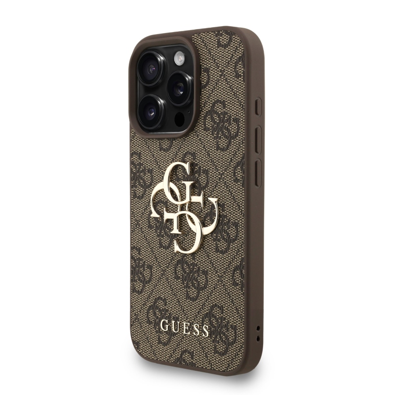 Guess PU 4G fém logós pántos hátlap iPhone 16 Pro barna színű iPhone 16 Pro-hoz barna