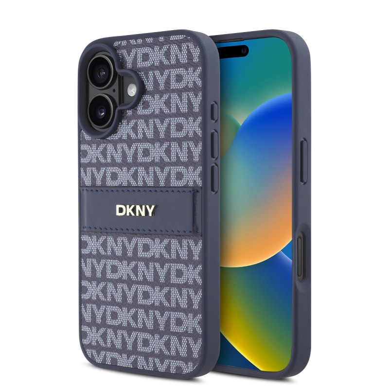 DKNY PU bőr ismétlődő mintás tonális csíkos hátlapi borító iPhone 16 kékhez
