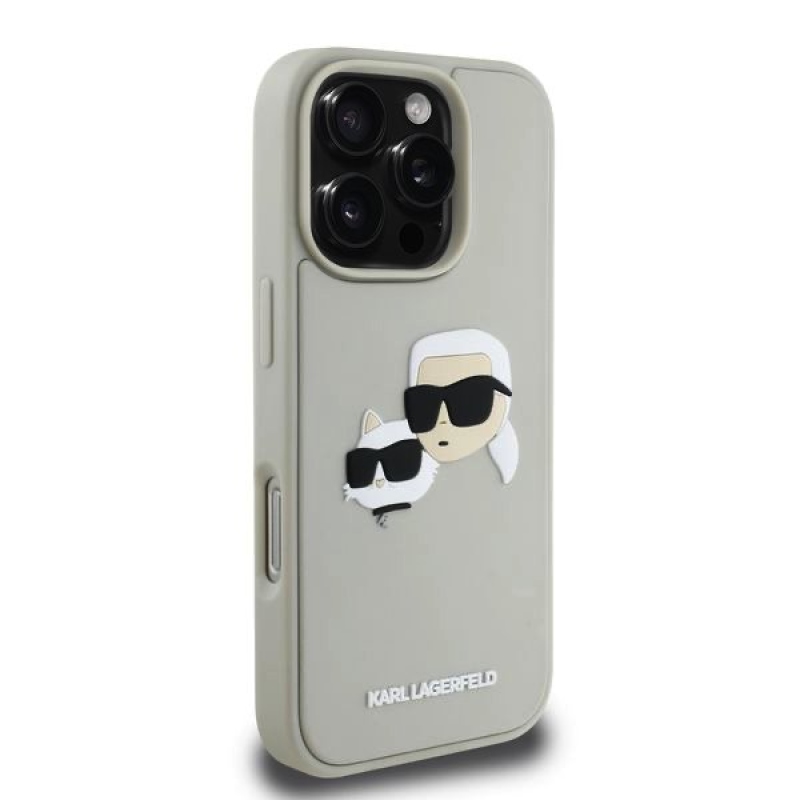 Karl Lagerfeld 3D gumiból készült duplafejű hátlap iPhone 16 Pro bézs színűre