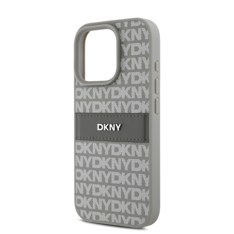 DKNY PU bőr ismétlődő mintás tonális csíkos hátlap iPhone 16 Pro Max bézs színű borítóhoz