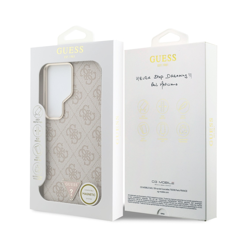 Guess PU bőr 4G Strass háromszög háromszög logó arany keret mágneses hátlap borító Samsung Galaxy S26 Ultra Pink