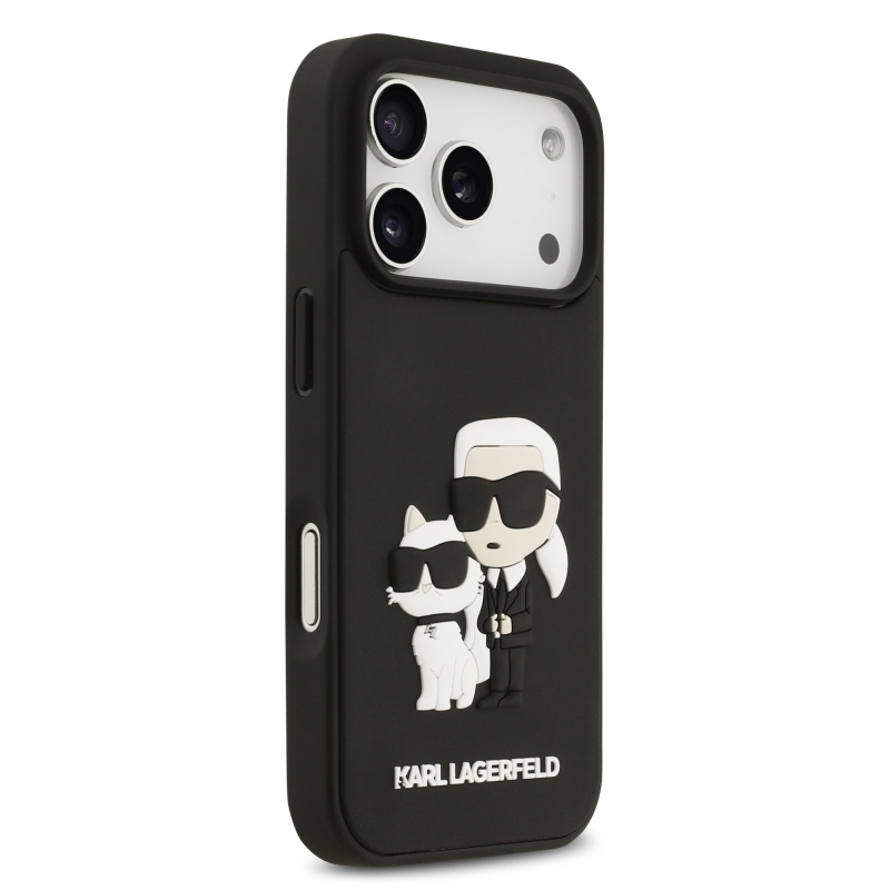Karl Lagerfeld 3D gumiból készült Karl és Choupette hátlap iPhone 17 Pro-hoz Fekete