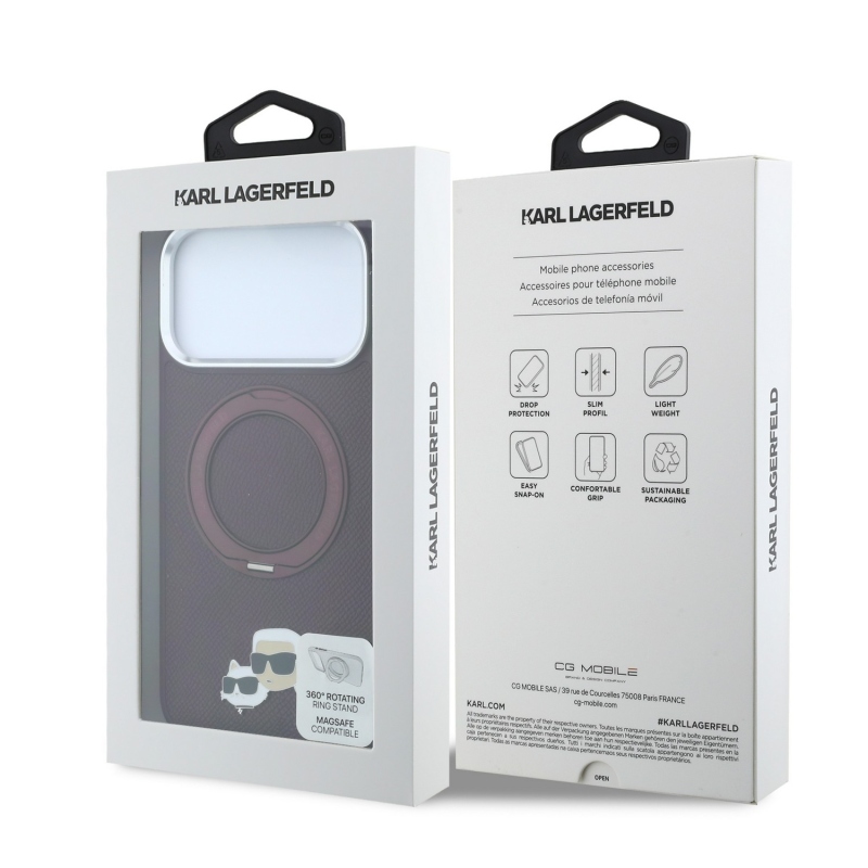 Karl Lagerfeld PU Grained K&CH Heads Ring Stand Magsafe hátsó tok iPhone 18 Pro-hoz, bordó