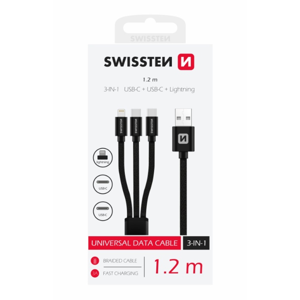 Swissten Woven kábel 3in1 MFI 1.2m (Lightning, 2x USB-C) - Fekete