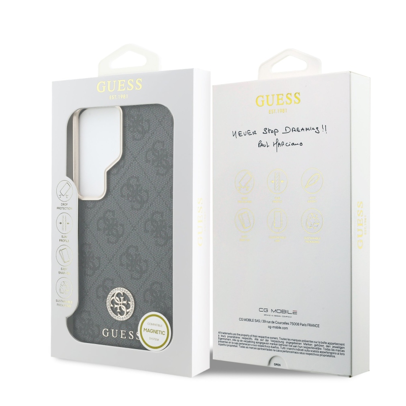 Guess PU bőr 4G Strass Logo arany keret mágneses hátlap Samsung Galaxy S26 Ultra fekete