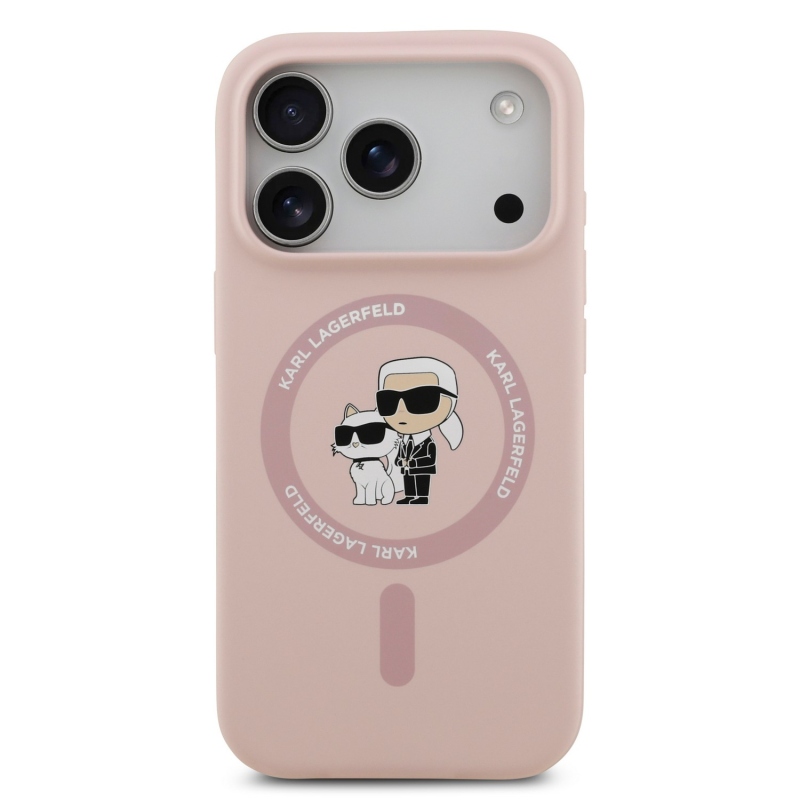 Karl Lagerfeld Liquid Silicone Karl és Choupette MagSafe hátsó tok iPhone 18 Pro-hoz, rózsaszín