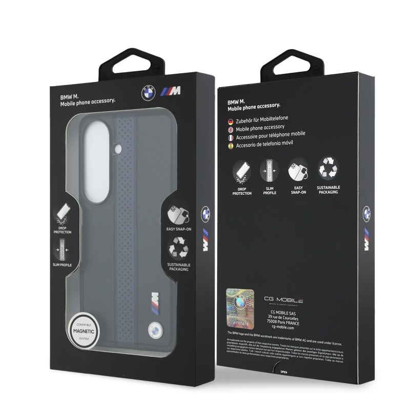 BMW M PU bőr perforált csíkok és fém logó mágneses hátlap Samsung Galaxy S26 kék