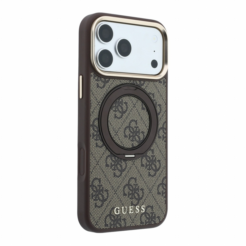 Guess PU 4G Ring Stand MagSafe hátsó tok iPhone 18 Pro Max-hoz, barna
