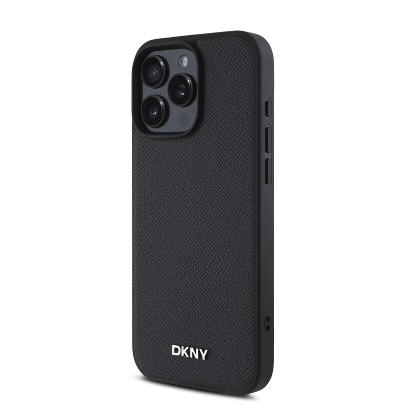 DKNY PU bőr ezüst fém logó Magsafe hátlap iPhone 16 Pro Max-hoz fekete