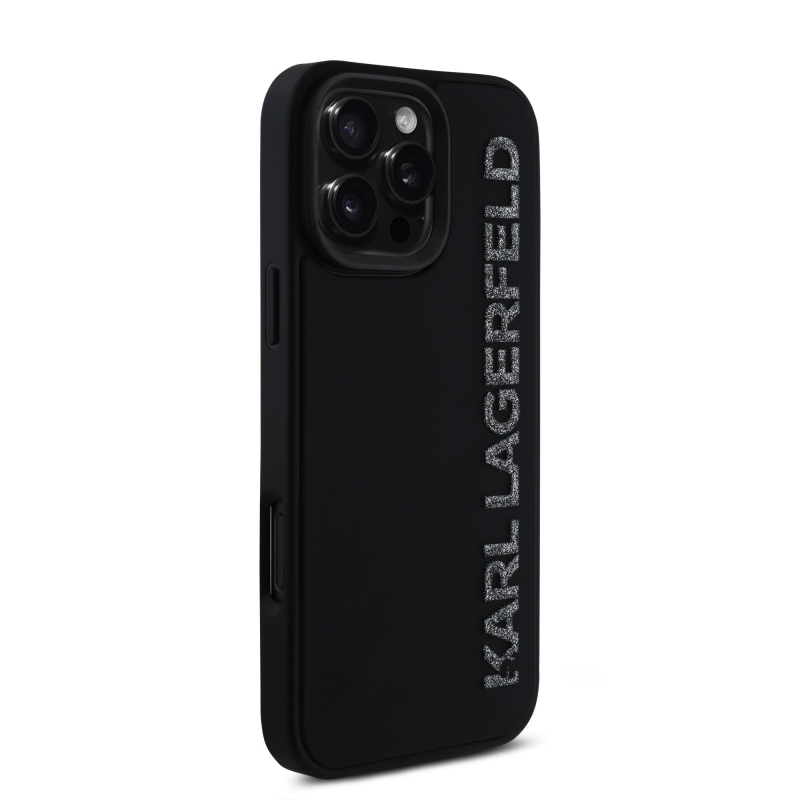 Karl Lagerfeld 3D gumiból készült, csillogó logós hátlap iPhone 16 Pro Max készülékhez Fekete