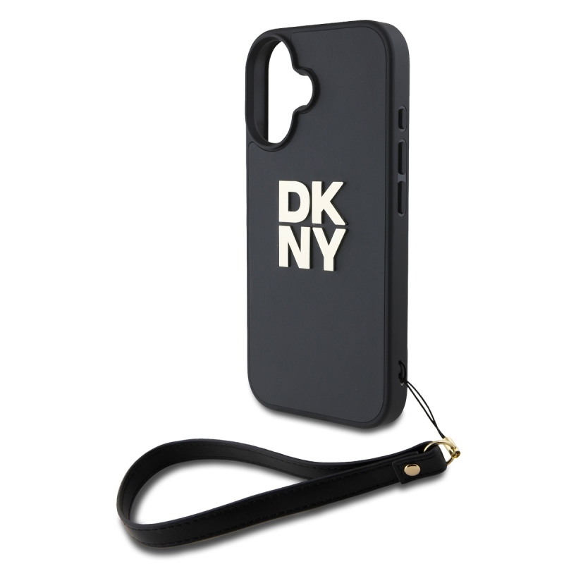 DKNY PU bőr Stack Logo csuklópánt hátlapi borító iPhone 16-hoz Fekete