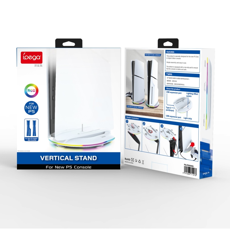 iPega P5S035SA Függőleges állvány (2xUSB-A) RGB-vel PS5 Slim/PS5 Pro fehér színhez
