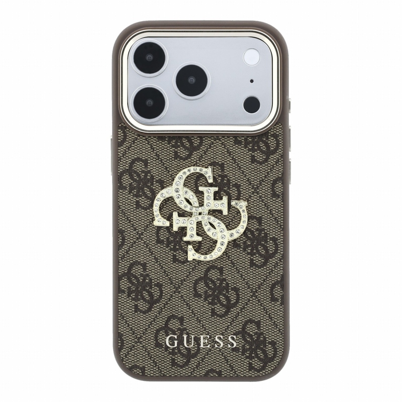 Guess PU 4G Strass Metal Logo hátsó tok iPhone 18 Pro-hoz, barna