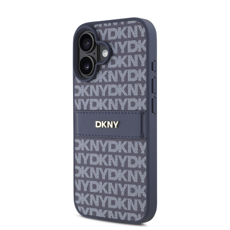 DKNY PU bőr ismétlődő mintás tonális csíkos hátlapi borító iPhone 16 kékhez