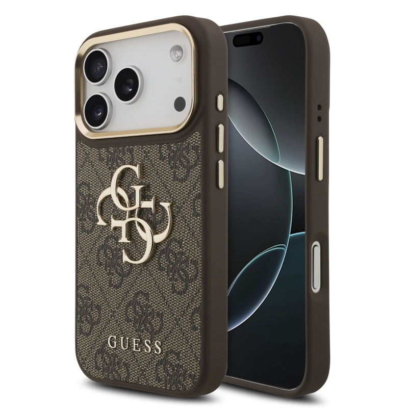 Guess PU bőr 4G fém logóval és arany kerettel ellátott hátsó tok iPhone 18 Pro-hoz, barna