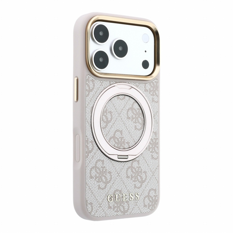 Guess PU 4G Ring Stand MagSafe hátsó tok iPhone 18 Pro-hoz, rózsaszín