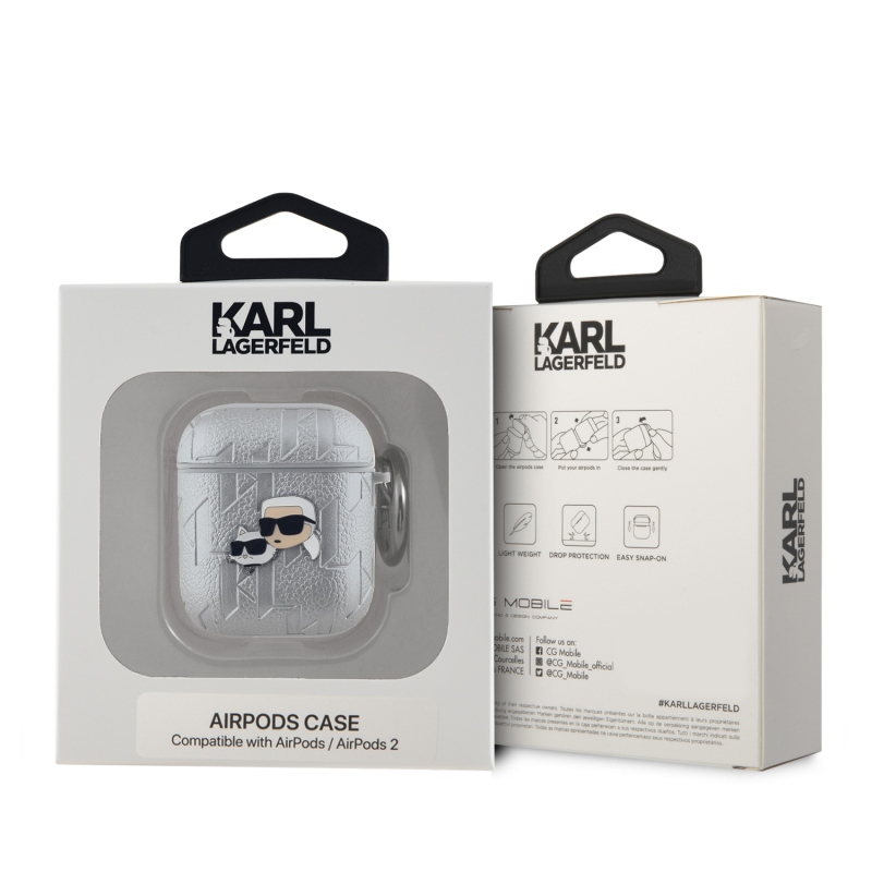 Karl Lagerfeld PU dombornyomott Karl és Choupette fejek tok az AirPods 1/2 ezüsthöz