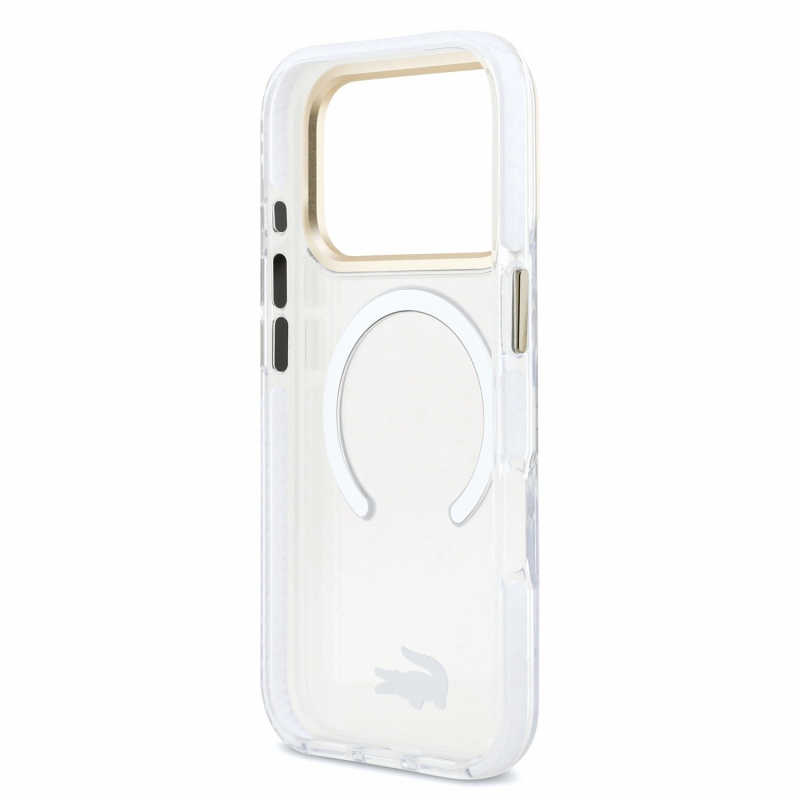 Lacoste IML ütésálló Petit Pique arany logós MagSafe hátsó tok iPhone 18 Pro-hoz, átlátszó