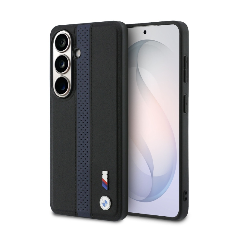 BMW M PU bőr perforált csíkok és fém logó mágneses hátlap Samsung Galaxy S26 kék