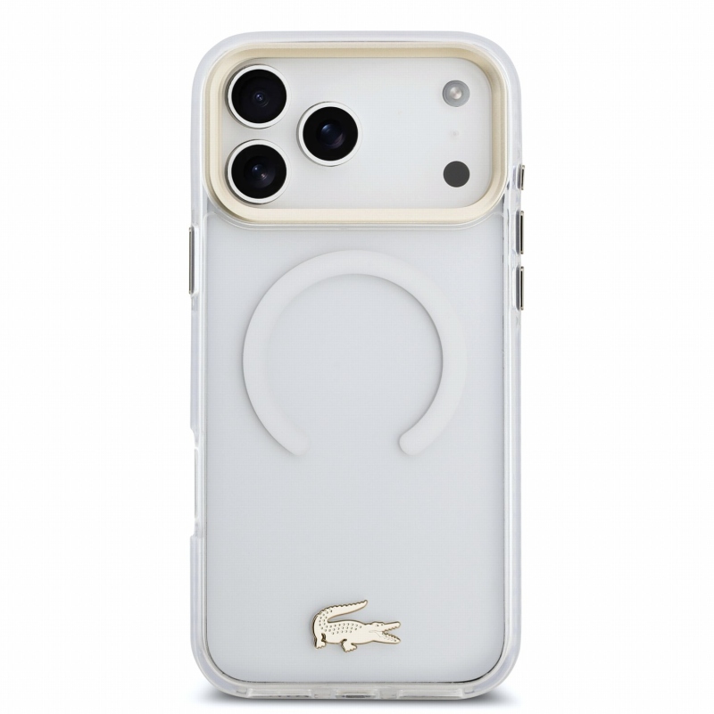 Lacoste IML ütésálló Petit Pique arany logós MagSafe hátsó tok iPhone 18 Pro Max-hoz, átlátszó