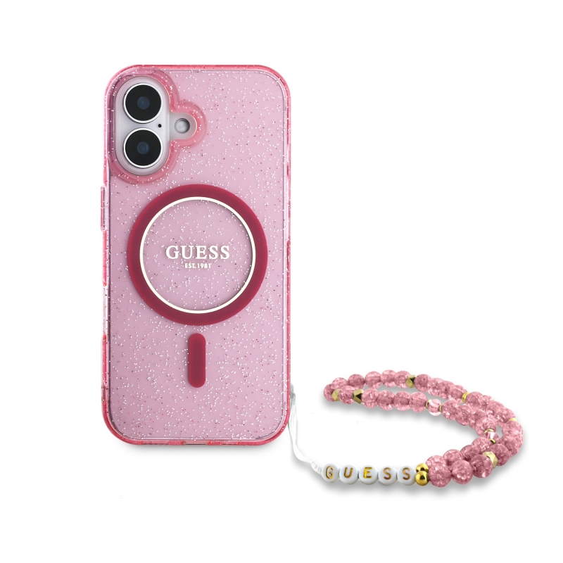 Guess IML Glitter Strap MagSafe hátlap iPhone 16 Plus rózsaszínű iPhone 16 Plus készülékhez