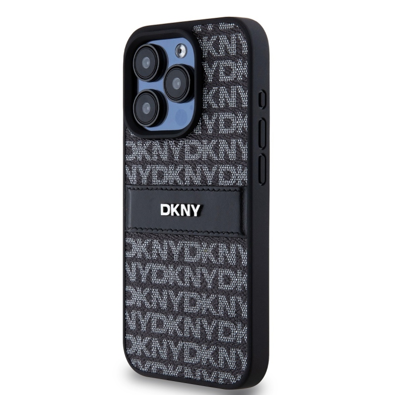 DKNY PU bőr ismétlődő mintás tonális csíkos hátlapi borító iPhone 15 Pro Fekete
